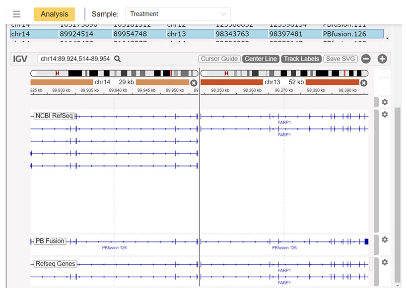 視覺化呈現各融合基因 所包含的基因及連接的斷點